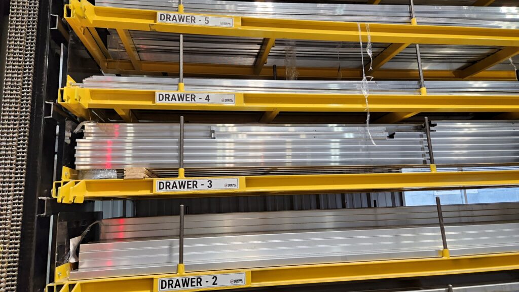 automated-steel-rack-material-delivery-system-drawer-labels-ideal-machine